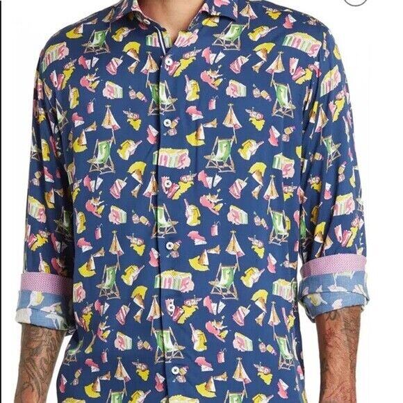 Bugatchi Men's XL Navy Beach shaped fit Long Sleeve Button Front Shirt $178 (b8) - Picture 1 of 5